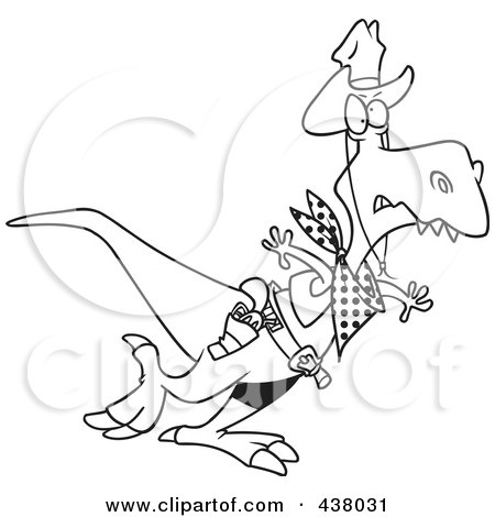 Royalty-Free (RF) Clip Art Illustration of a Cartoon Black And White Outline Design Of A Cowboy Tyrannosaurus Rex by toonaday