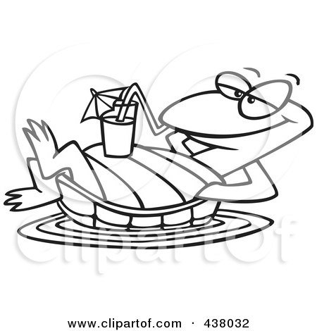 Royalty-Free (RF) Clip Art Illustration of a Cartoon Black And White Outline Design Of A Relaxed Turtle Floating With A Beverage On His Belly by toonaday