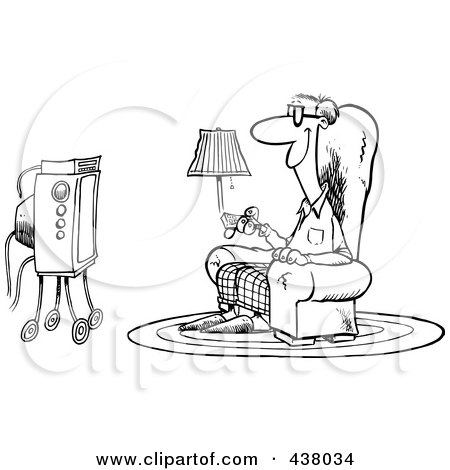 Royalty-Free (RF) Clip Art Illustration of a Cartoon Black And White Outline Design Of A Happy Man Sitting In A Chair And Watching Tv by toonaday