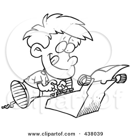 Royalty-Free (RF) Clip Art Illustration of a Cartoon Black And White Outline Design Of A Boy Typing A Story On A Typewriter by toonaday