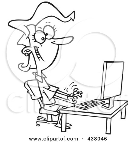 Royalty-Free (RF) Clip Art Illustration of a Cartoon Black And White Outline Design Of A Happy Female Typist Working On A Computer by toonaday