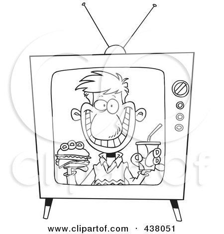 Royalty-Free (RF) Clip Art Illustration of a Cartoon Black And White Outline Design Of A Man Appearing On A Fast Food Television Commercial by toonaday