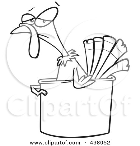 Royalty-Free (RF) Clip Art Illustration of a Cartoon Black And White Outline Design Of A Turkey Bird In A Pot by toonaday