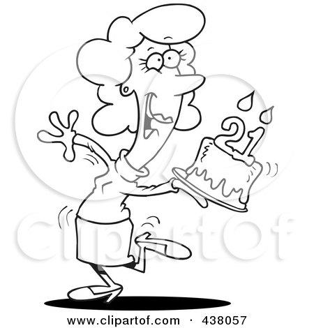 Royalty-Free (RF) Clip Art Illustration of a Cartoon Black And White Outline Design Of A Happy Woman Carrying A Birthday Cake With 21 Candles by toonaday