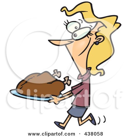 Royalty-Free (RF) Clip Art Illustration of a Cartoon Woman Carrying A Roasted Turkey by toonaday