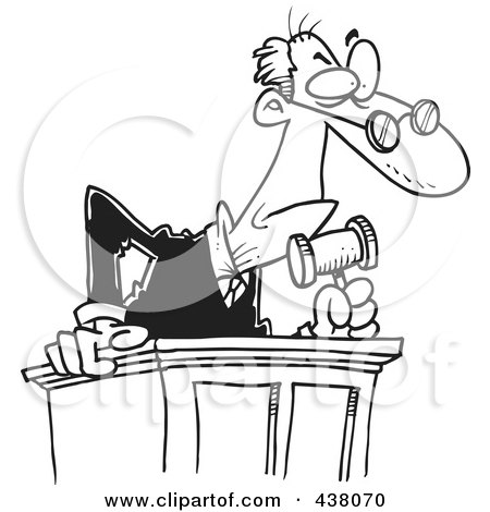 Royalty-Free (RF) Clip Art Illustration of a Cartoon Black And White Outline Design Of A Judge Leaning Over His Desk by toonaday