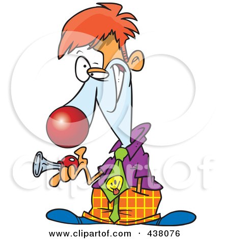 Royalty-Free (RF) Clip Art Illustration of a Cartoon Businessman Clown Holding A Horn by toonaday