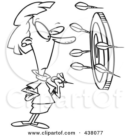 Royalty-Free (RF) Clip Art Illustration of a Cartoon Black And White Outline Design Of A Businesswoman Off Target With Darts by toonaday