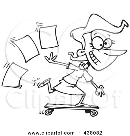 Royalty-Free (RF) Clip Art Illustration of a Cartoon Black And White Outline Design Of A Businesswoman Skateboarding In The Office by toonaday