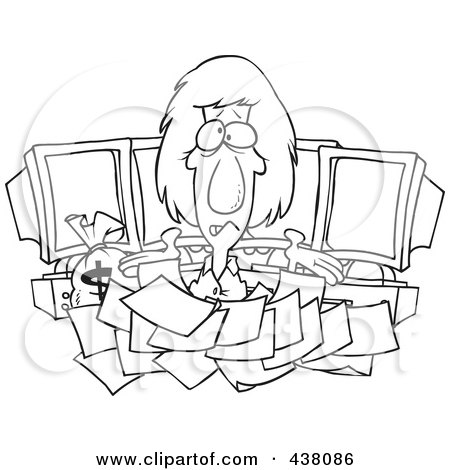 Royalty-Free (RF) Clip Art Illustration of a Cartoon Black And White Outline Design Of A Businesswoman Buried In Tax Documents By Computers by toonaday
