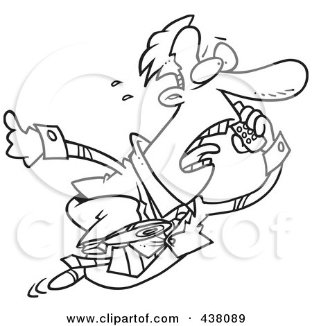 Royalty-Free (RF) Clip Art Illustration of a Cartoon Black And White Outline Design Of A Businessman Running And Talking On A Cell Phone by toonaday