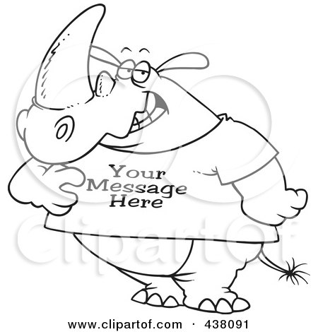 Royalty-Free (RF) Clip Art Illustration of a Cartoon Black And White Outline Design Of A Rhino Wearing A T Shirt With Sample Text by toonaday