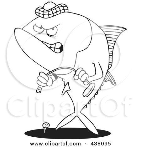 Royalty-Free (RF) Clip Art Illustration of a Cartoon Black And White Outline Design Of A Mad Tuna Fish Playing Golf by toonaday
