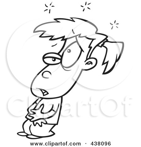 Royalty-Free (RF) Clip Art Illustration of a Cartoon Black And White Outline Design Of A Sick Girl Holding Her Tummy by toonaday