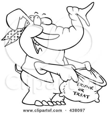 Royalty-Free (RF) Clip Art Illustration of a Cartoon Black And White Outline Design Of A Halloween Elephant Holding A Trunk Or Treat Bag by toonaday