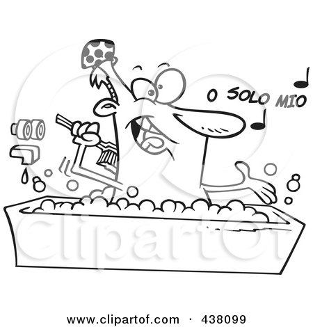 Royalty-Free (RF) Clip Art Illustration of a Cartoon Black And White Outline Design Of A Man Singing And Bathing In A Tub by toonaday