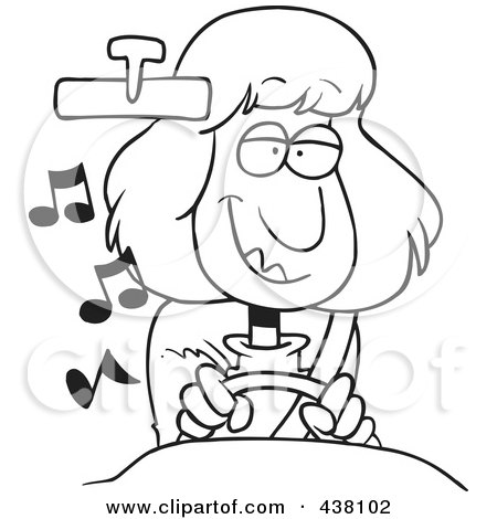 Royalty-Free (RF) Clip Art Illustration of a Cartoon Black And White Outline Design Of A Happy Woman Listening To Music While Driving A Car by toonaday