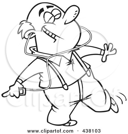 Royalty-Free (RF) Clip Art Illustration of a Cartoon Black And White Outline Design Of A Happy Man Dancing And Listening To Music On An Mp3 Player by toonaday