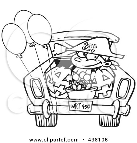 Royalty-Free (RF) Clip Art Illustration of a Cartoon Black And White Outline Design Of A Trick Or Treating Boy In The Trunk Of A Car by toonaday