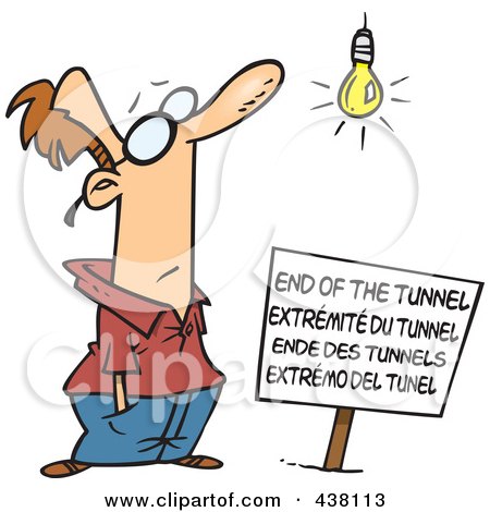 Royalty-Free (RF) Clip Art Illustration of a Cartoon Man At An End Of The Tunnel Sign by toonaday