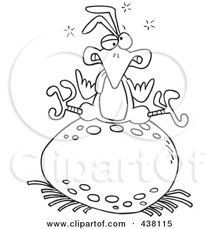 Royalty-Free (RF) Clip Art Illustration of a Cartoon Black And White Outline Design Of A Tired Bird Sitting On A Huge Egg by toonaday