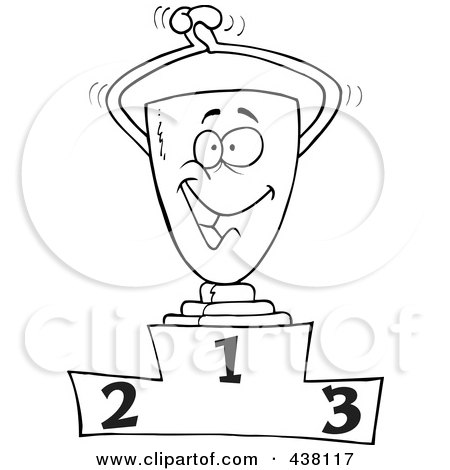 Royalty-Free (RF) Clip Art Illustration of a Cartoon Black And White Outline Design Of A Trophy On The First Place Podium by toonaday