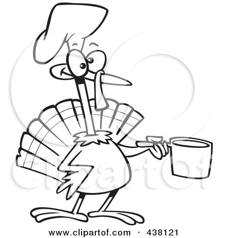 Royalty-Free (RF) Clip Art Illustration of a Cartoon Black And White Outline Design Of A Chef Turkey Bird Holding A Pot by toonaday
