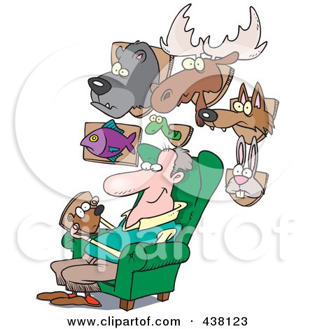 Royalty-Free (RF) Clip Art Illustration of a Cartoon Man Surrounded By His Mounted Animal Trophy Heads by toonaday