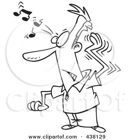 Royalty-Free (RF) Clip Art Illustration of a Cartoon Black And White Outline Design Of A Man Trying To Get A Song Out Of His Head by toonaday