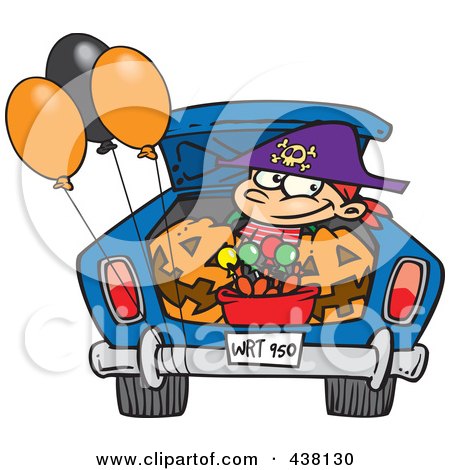 Royalty-Free (RF) Clip Art Illustration of a Cartoon Trick Or Treating Boy In The Trunk Of A Car by toonaday