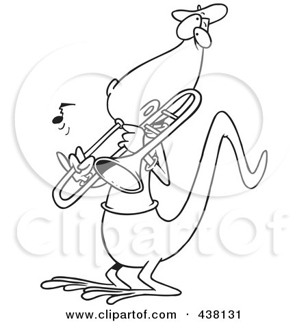 Royalty-Free (RF) Clip Art Illustration of a Cartoon Black And White Outline Design Of A Lizard Playing A Trombone by toonaday
