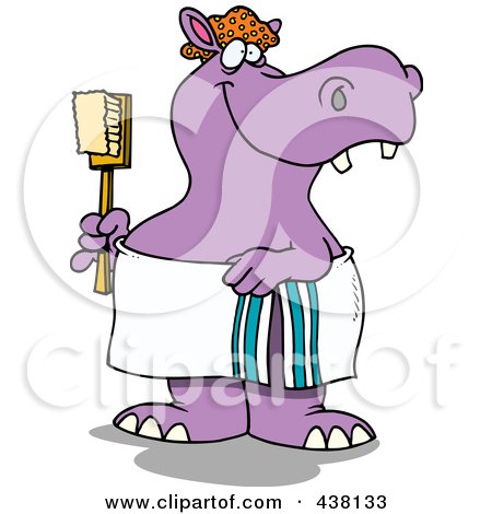 Royalty-Free (RF) Clip Art Illustration of a Cartoon Bath Time Hippo In A Towel, Holding A Scrub Brush by toonaday