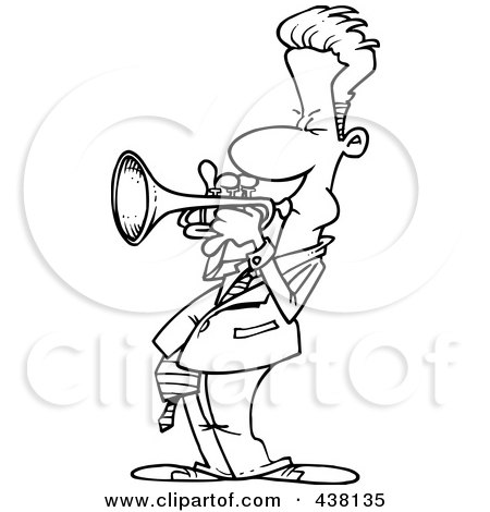 Royalty-Free (RF) Clip Art Illustration of a Cartoon Black And White Outline Design Of A Male Trumpet Player by toonaday