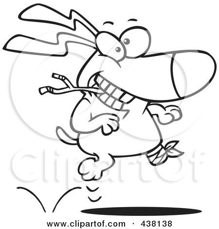 Royalty-Free (RF) Clip Art Illustration of a Cartoon Black And White Outline Design Of A Three Legged Dog Playing Fetch by toonaday