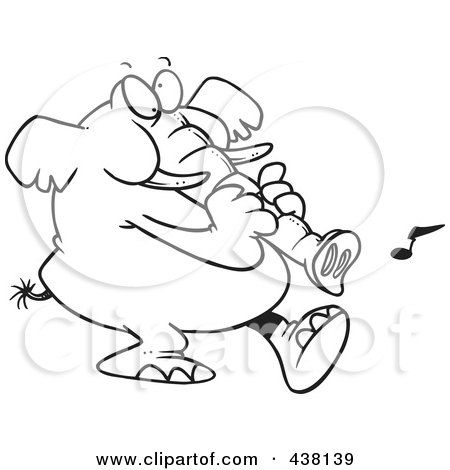 Royalty-Free (RF) Clip Art Illustration of a Cartoon Black And White Outline Design Of A Musical Elephant Making Noise With His Trunk by toonaday
