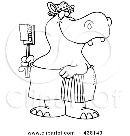 Royalty-Free (RF) Clip Art Illustration of a Cartoon Black And White Outline Design Of A Bath Time Hippo In A Towel, Holding A Scrub Brush by toonaday