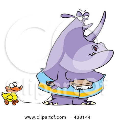 Royalty-Free (RF) Clip Art Illustration of a Cartoon Bath Time Rhino In A Towel, Pulling A Rubber Ducky And Holding A Brush by toonaday
