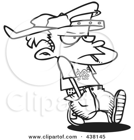 Royalty-Free (RF) Clip Art Illustration of a Cartoon Black And White Outline Design Of A Troubled Boy Walking And Smoking by toonaday