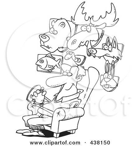 Royalty-Free (RF) Clip Art Illustration of a Cartoon Black And White Outline Design Of A Man Surrounded By His Mounted Animal Trophy Heads by toonaday