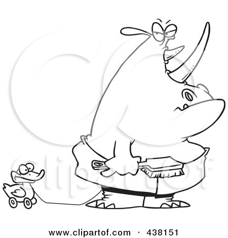 Royalty-Free (RF) Clip Art Illustration of a Cartoon Black And White Outline Design Of A Bath Time Rhino In A Towel, Pulling A Rubber Ducky And Holding A Brush by toonaday