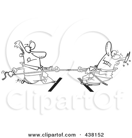 Royalty-Free (RF) Clip Art Illustration of a Cartoon Black And White Outline Design Of Two Men Engaged In Tug Of War by toonaday