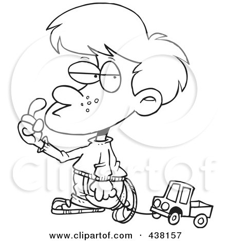 Royalty-Free (RF) Clip Art Illustration of a Cartoon Black And White Outline Design Of A Boy Pulling A Toy Truck On A String by toonaday