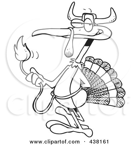 Royalty-Free (RF) Clip Art Illustration of a Cartoon Black And White Outline Design Of A Turkey Bird Disguised As A Bull by toonaday