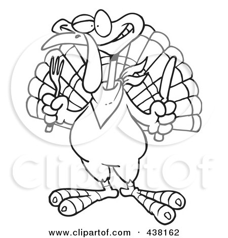 Royalty-Free (RF) Clip Art Illustration of a Cartoon Black And White Outline Design Of A Turkey Bird Holding A Knife And Fork by toonaday