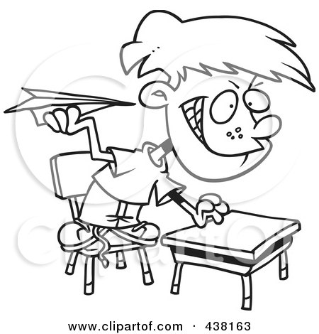 Royalty-Free (RF) Clip Art Illustration of a Cartoon Black And White Outline Design Of A Mischievous School Boy Throwing Paper Planes In Class by toonaday