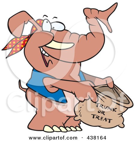 Royalty-Free (RF) Clip Art Illustration of a Cartoon Halloween Elephant Holding A Trunk Or Treat Bag by toonaday