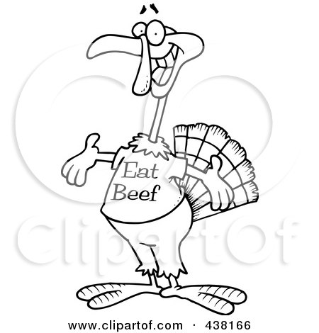 Royalty-Free (RF) Clip Art Illustration of a Cartoon Black And White Outline Design Of A Turkey Bird Wearing An Eat Beef Shirt by toonaday
