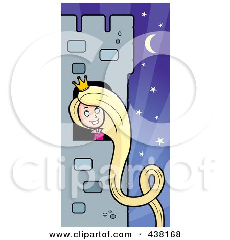 Royalty-Free (RF) Clipart Illustration of Rapunzel With Her Hair Hanging Down A Tower by Cory Thoman