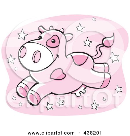 Royalty-Free (RF) Clipart Illustration of a Pink Strawberry Milk Cow Leaping Over Stars by Cory Thoman