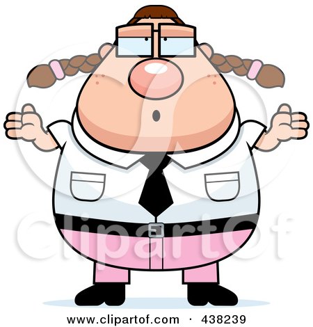 Royalty-Free (RF) Clipart Illustration of a Careless Plump Nerdy Businesswoman Shrugging by Cory Thoman